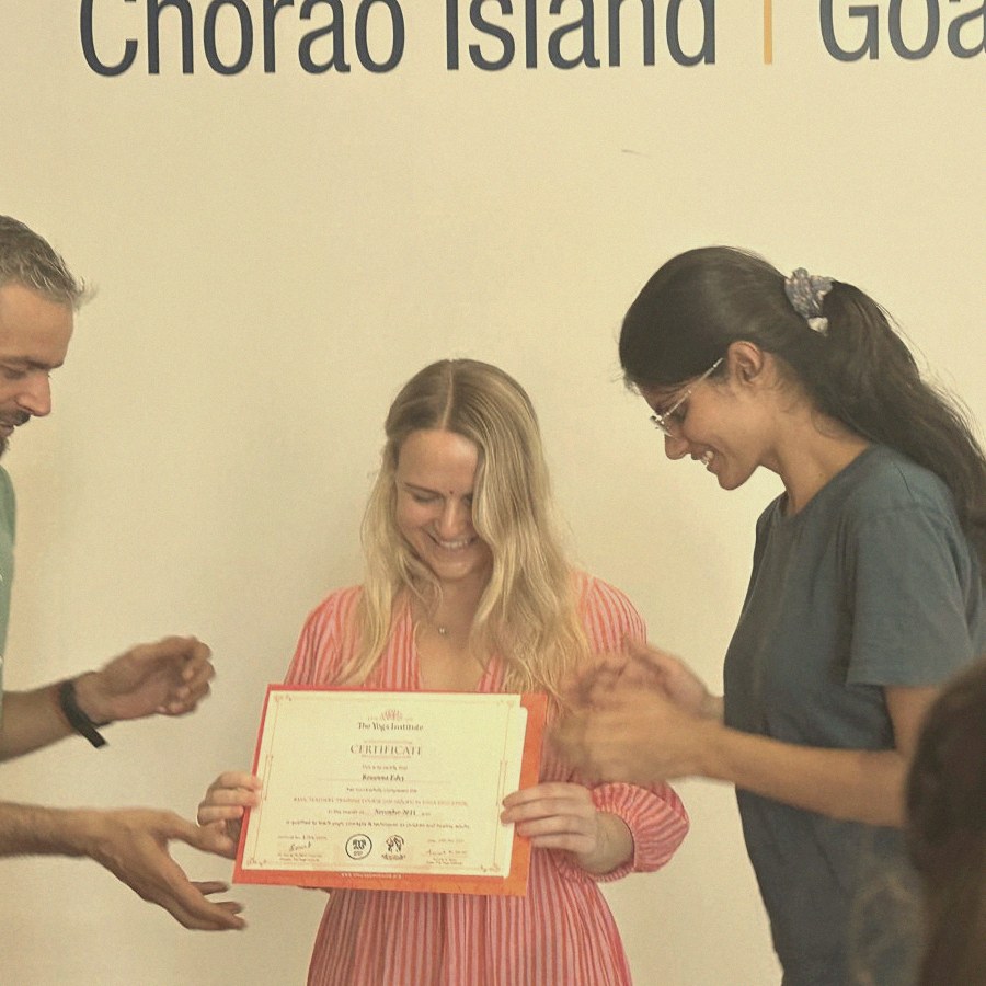 Receiving my yoga teacher training certificate at The Yoga Institute, Chorão Island, Goa